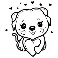 Adorable puppy holding a heart black and white
