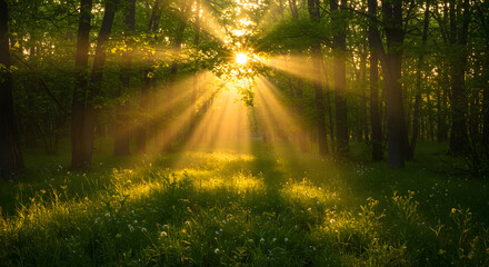 Fototapeta premium Sunlight streaming through green forest trees illuminating the vibrant forest floor