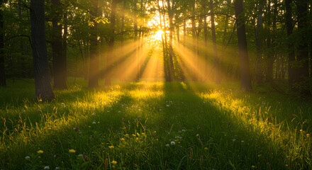 Fototapeta premium Sunlit Forest Meadow with Golden Rays Breaking Through Trees Nature Scene