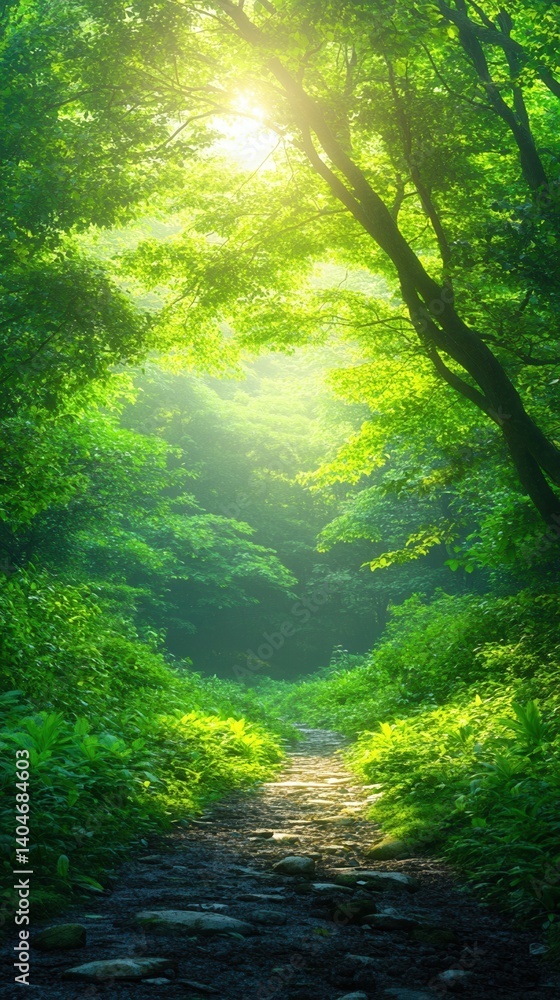Poster nature conservation concept. serene forest path illuminated by soft sunlight.