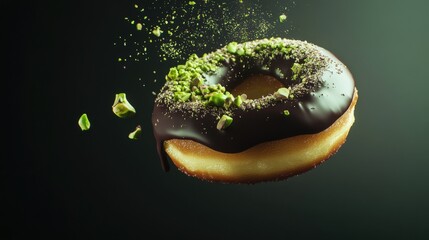 Delicious chocolate donut with pistachio topping floating against a dark background