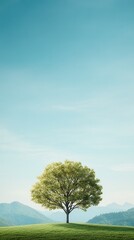 Obraz premium nature conservation concept. Lone tree against a clear blue sky and distant mountains.