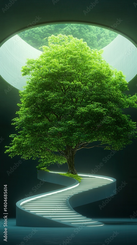 Poster nature conservation concept. a surreal tree spiraling up a staircase under a circular skylight.