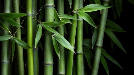 Obraz premium Lush green bamboo stalks with vibrant leaves standing tall against a dark backdrop in a tranquil setting