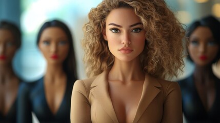 Obraz premium Realistic doll in professional attire stands in focus surrounded by stylized figures at a modern studio setting
