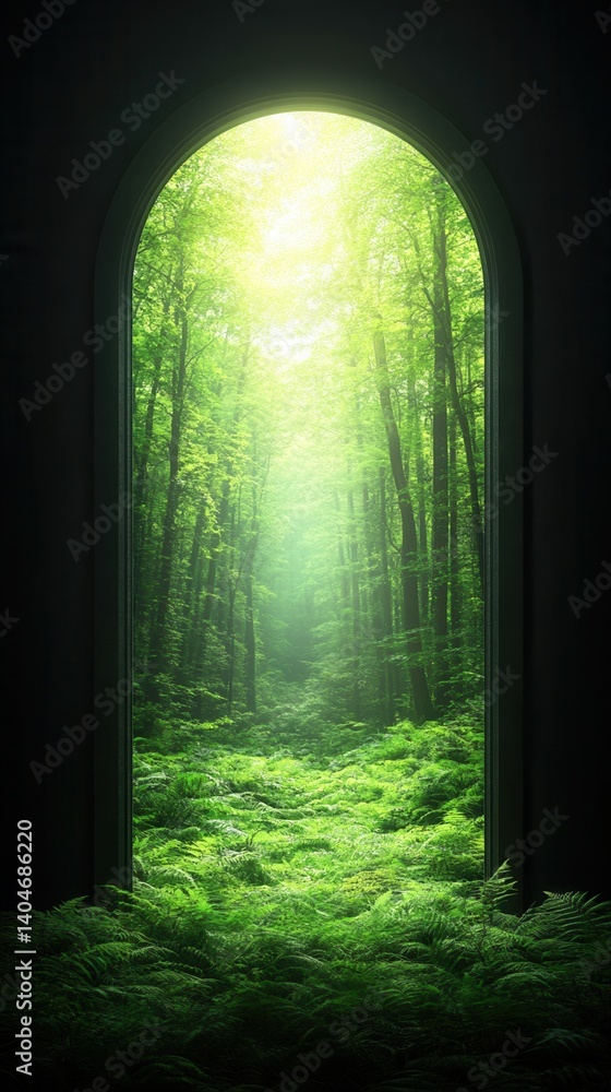 Poster nature conservation concept. lush forest view framed by an archway with soft light streaming through