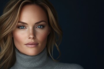 Naklejka premium Close-up portrait of a woman with long blonde hair and blue eyes showcasing soft makeup against a dark background