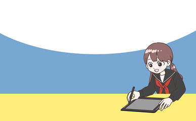 タブレット学習を楽しむ女子学生イラスト