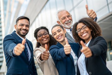Thumbs-up gesture from a diverse team of professionals, symbolizing approval, success, and appreciation. (Thank You)