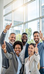 Corporate success symbolized by a thumbs-up gesture in a diverse business team, celebrating collaboration and trust. (Thank You)