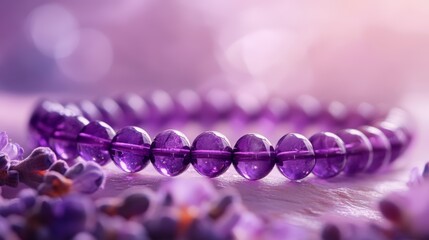 Elegant amethyst beaded bracelet on soft lavender background with delicate floral accents