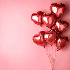 Bunch of red balloons with hearts on them are arranged in a row