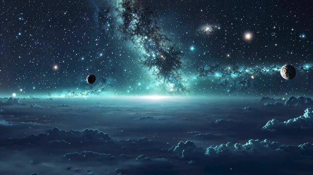 宇宙空間に浮かぶ星雲と星と雲海の映像
