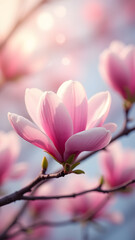 A dreamy magnolia close-up with pink-white blossoms, soft petals, and pastel bokeh. Sunlight illuminates the scene for a serene, springtime atmosphere.