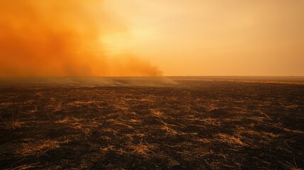 Scorched field with smoldering earth and orange smoke rising into hazy sky