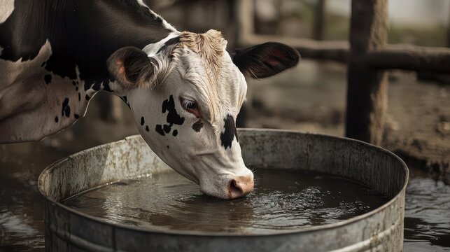 Cow drinking water from a metal bucket outdoors