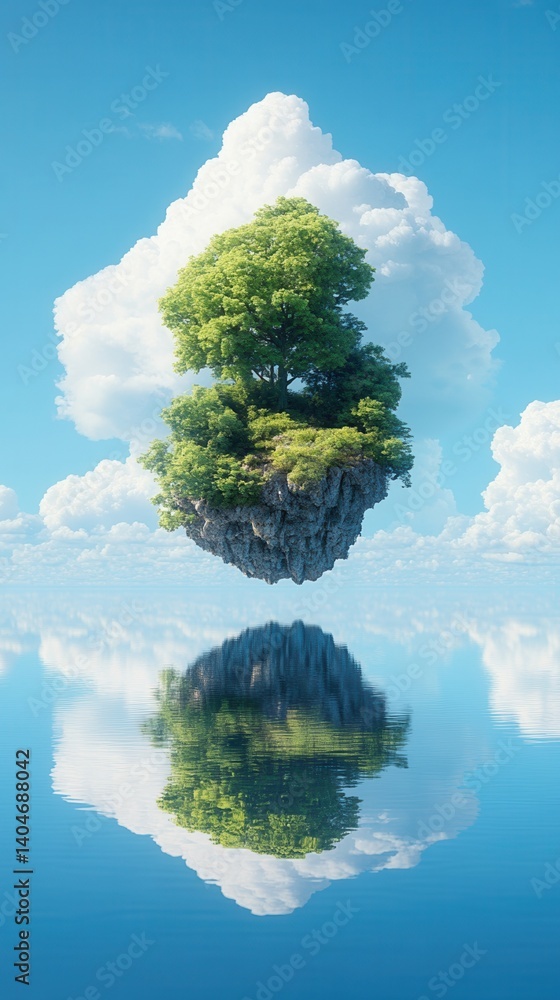 Poster nature conservation concept. floating island with tree and clouds reflected in water.
