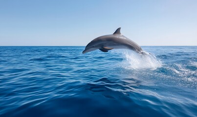A dolphin leaping out of the blue ocean water, Generative AI