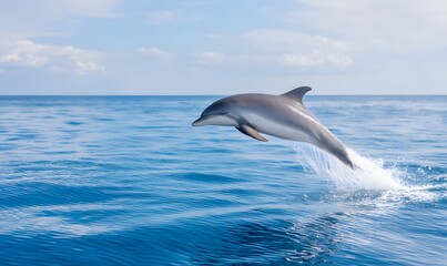 Fototapeta premium A dolphin leaping out of the blue ocean water, Generative AI
