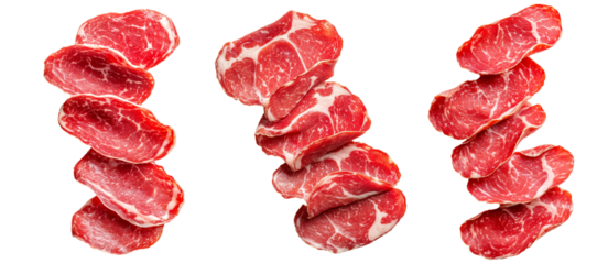 Set of thin slices of cured meat Capocollo isolated on white transparent background, concept of gastronomy