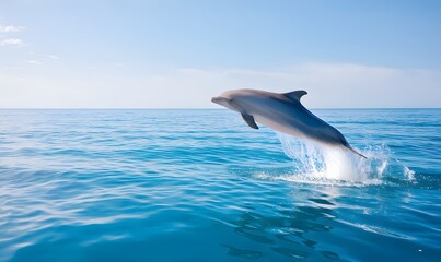 Naklejka premium A dolphin leaping out of the blue ocean water, Generative AI