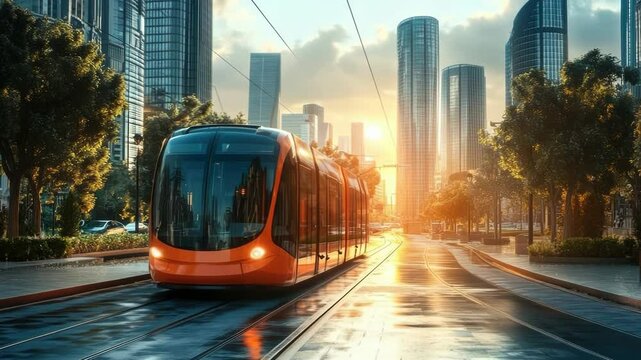 Futuristic electric tram moving through a green urban landscape with modern buildings. Concept of next-generation public transport, smart cities, and ecological infrastructure