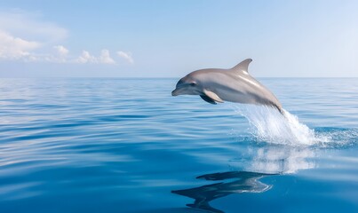 Fototapeta premium A dolphin leaping out of the blue ocean water, Generative AI