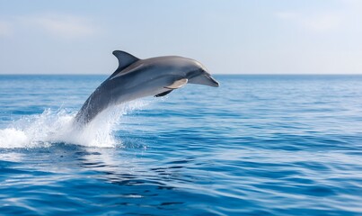 A dolphin leaping out of the blue ocean water, Generative AI