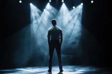 Spotlight on performer in dramatic stage setting with fog and lighting effects