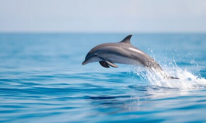 A dolphin leaping out of the blue ocean water, Generative AI