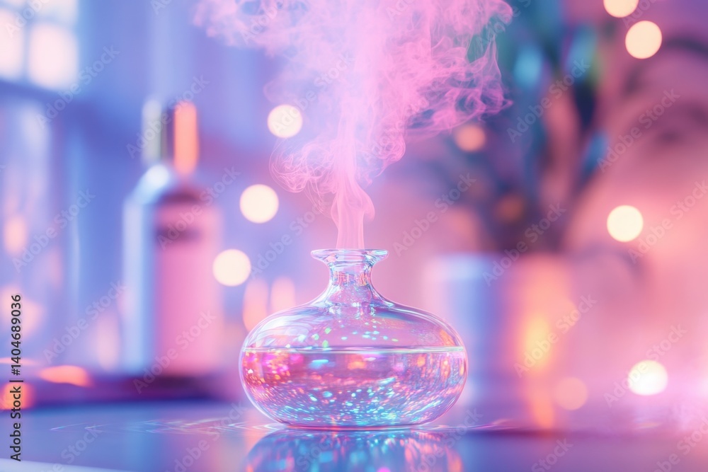 Poster colorful aromatherapy diffuser releasing fragrant mist in a stylish room with ambient glow