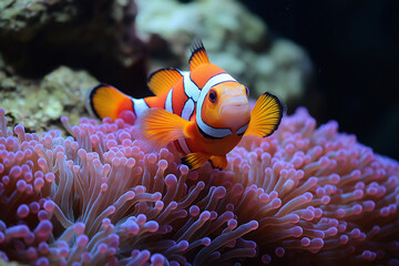Vibrant Ocellaris Clownfish in Pink Sea Anemone Coral Reef