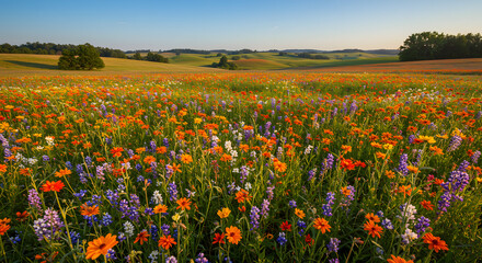 Vibrant wildflowers in a green field under a blue sky during a beautiful sunset