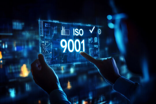 A businessman touching on the word " ISO 9001" with check mark icon, digital screen showing various elements of quality management system suitable for use in business and industrial setting - Powered by Adobe