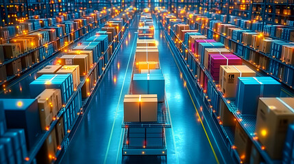 Smart warehouse management system identify package picking and delivery . Future concept of supply chain and logistic business