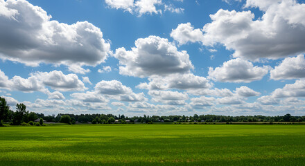 Fototapeta premium Sunny Green Field with Puffy Clouds and Blue Sky Landscape Scene