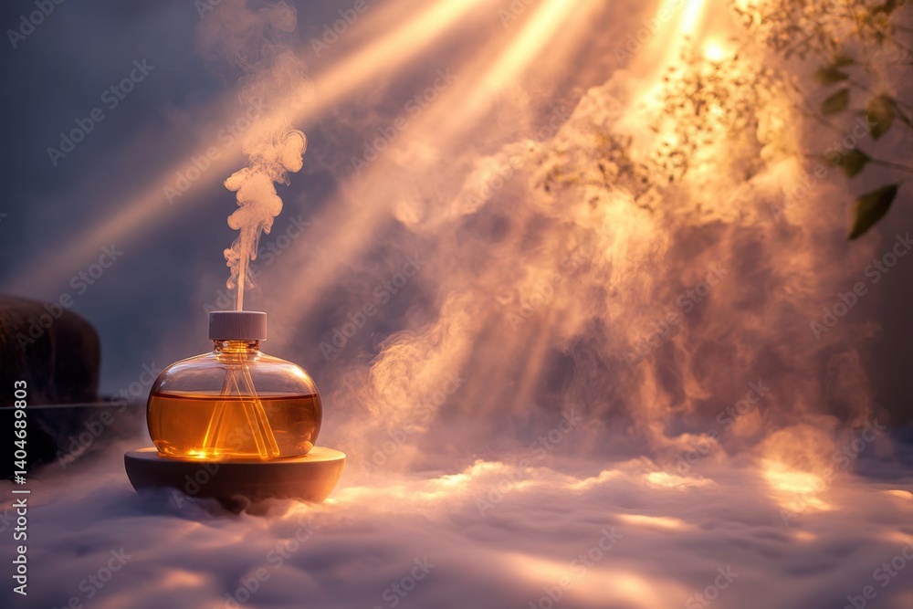 Poster soft light illuminates a fragrant oil diffuser surrounded by mist in a serene setting