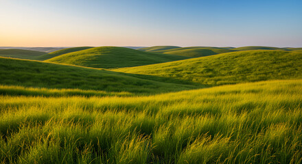 Rolling green hills landscape under a clear blue sky at sunset with golden light