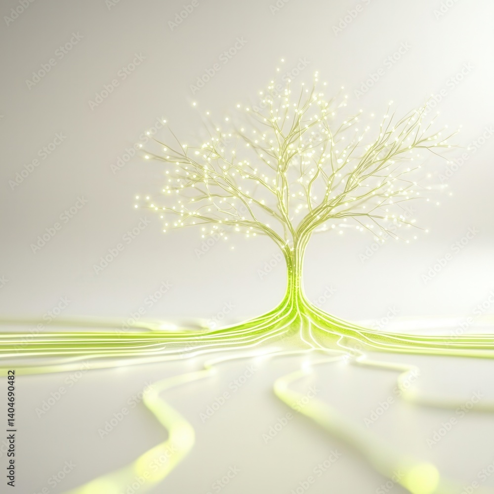 Poster nature conservation concept. surreal tree with glowing roots and branches on a minimalistic backgrou