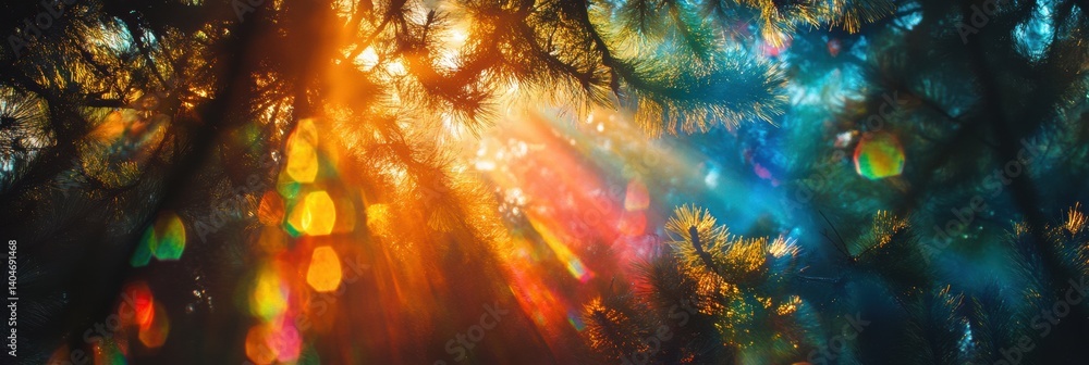 Poster creative prism refracting light through pine and peaks into vibrant rainbow forest forms at dawn in 