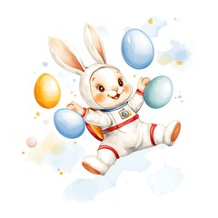 Adorable Easter Bunny in a Spacesuit with Easter Eggs