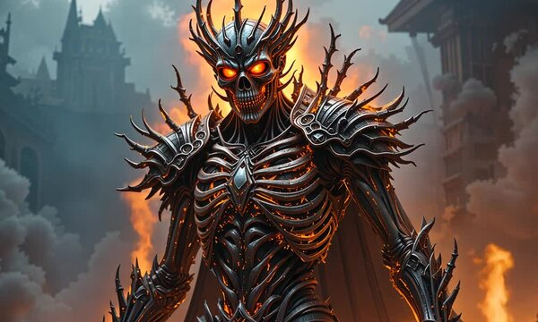 Fiery demonic creature in dark armor with glowing eyes and spiked shoulders on smoky background with flames. Concept of infernal power and dark fantasy