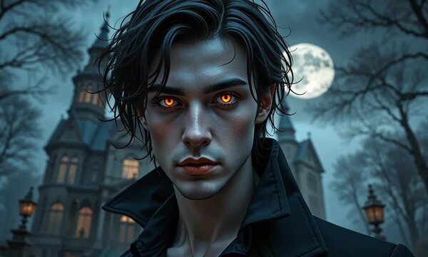 Pale-skinned male vampire with glowing orange eyes and black coat standing in front of gothic mansion under full moon. Concept of supernatural darkness and horror