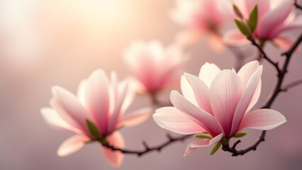Fototapeta premium Soft-focus magnolia with blush-pearl blossoms, dreamy bokeh, and golden light embodies spring’s delicate grace.