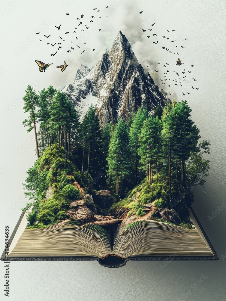 Poster creative open book transforms into a magical landscape with trees and mountain peaks emerging from t