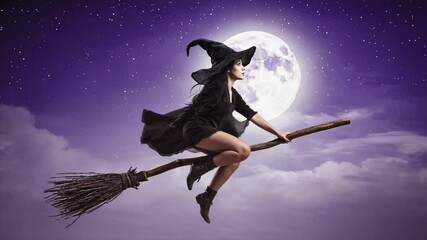 Spooky Halloween witch flying on broomstick across moonlit night sky, casting magic spells in eerie, enchanted dark fantasy scene. - Powered by Adobe