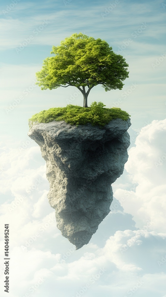 Poster nature conservation concept. floating island with a tree above the clouds.