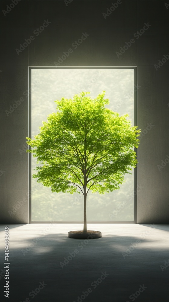 Poster nature conservation concept. a tree illuminated by a window in a minimalistic setting.