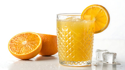 Fresh Orange Juice in Faceted Glass with Citrus Slice Close-Up