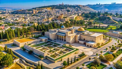 Fototapeta premium Jerusalem Ancient Cityscape: An aerial view captures the majestic beauty of ancient Jerusalem, showcasing historic buildings, religious sites, and verdant gardens under a clear sky.